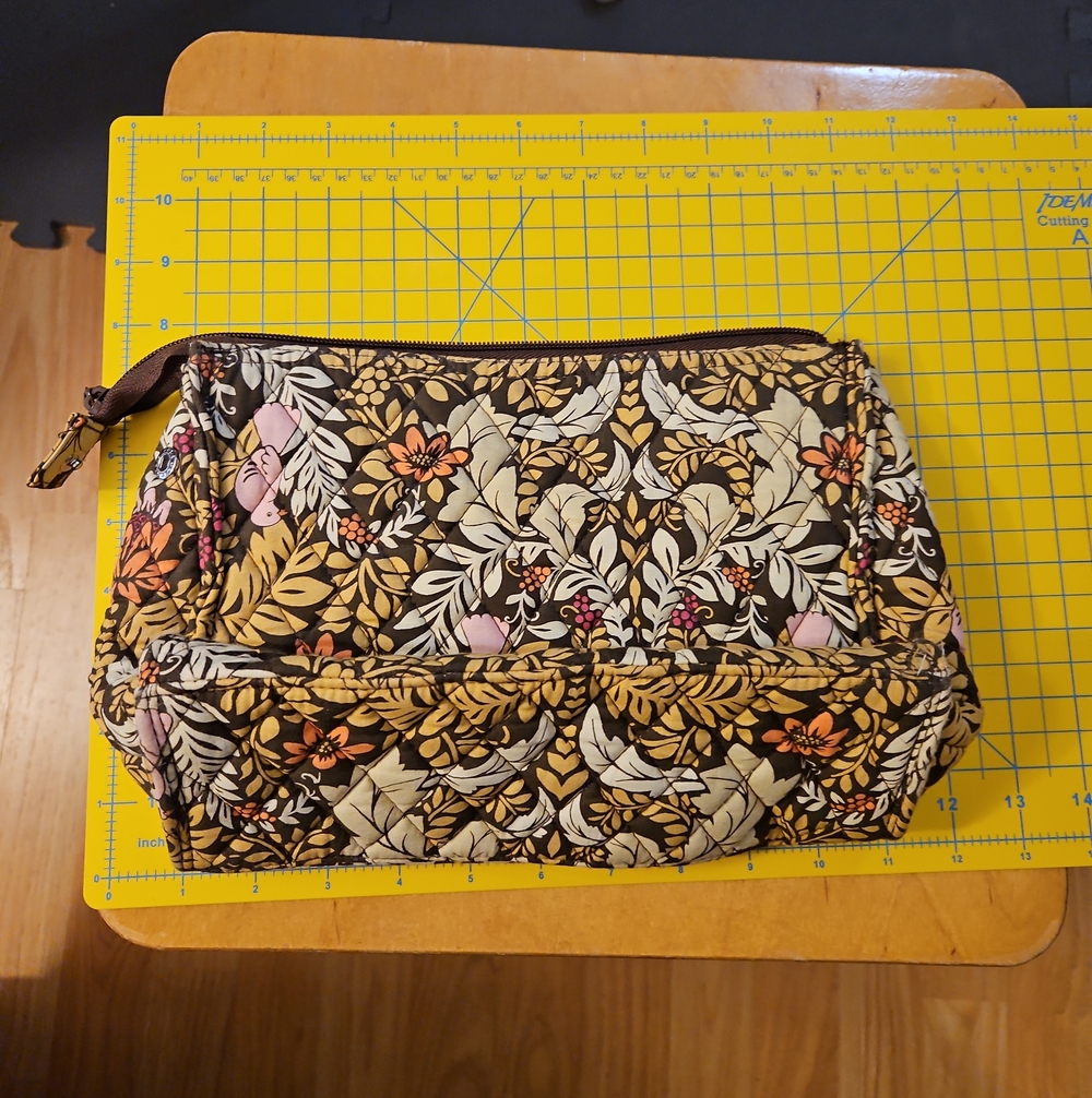 Quilted Floral Cosmetic Pouch - Brown and Cream 11"x7"